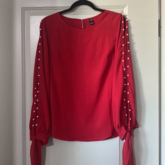 SHEIN Pearl Beaded Tie Cuff Slit Sleeve Blouse - Picture 5 of 6